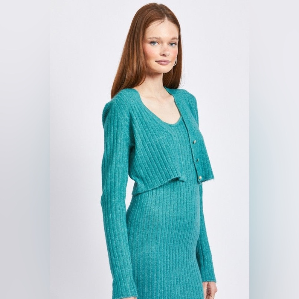 NWT Emory Park Women’s Teal Ribbed Cropped Cardigan Sweater Cozy Y2K Size Small - Picture 3 of 7